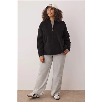 Siyah Kalın Polar Kapüşonlu Oversize/Bol Kesim Büyük Beden Sweatshirt TBBAW25AO00030