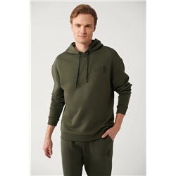 Avva Erkek Haki Kapüşonlu Yaka Gofre Baskılı Şardonlu 3 İplik Comfort Fit Rahat Kesim Sweatshirt A32Y1190