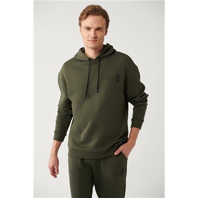 Avva Erkek Haki Kapüşonlu Yaka Gofre Baskılı Şardonlu 3 İplik Comfort Fit Rahat Kesim Sweatshirt A32Y1190