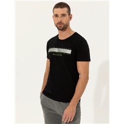 Siyah Slim Fit Baskılı Bisiklet Yaka Tişört