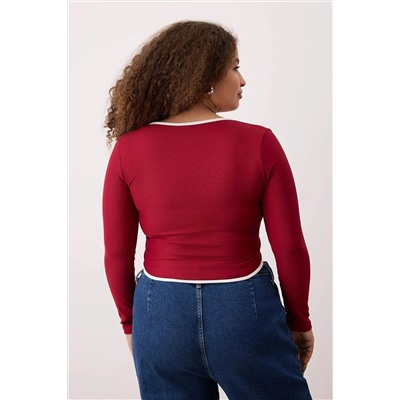 Bordo Teen Kontrast Biye Detaylı Fitted/Vücuda Oturan Fermuarlı Yaka Esnek Örme Bluz TBBAW26AF00041
