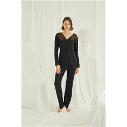 MONAMİSE Kadın Yakası Ve Omzu Dantelli Önü Düğmeli Pijama Takımı 18K18426