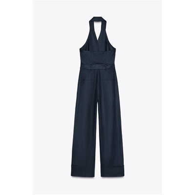 HALTER NECK JUMPSUIT WITH LINEN BLEND BELT