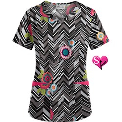 UA Chevron Flower Black Sweetheart Neck Scrub Top