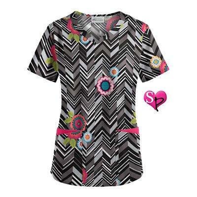 UA Chevron Flower Black Sweetheart Neck Scrub Top