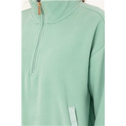 Kadın Su Yeşili Dik Yaka Fermuarlı Polar Sweatshirt