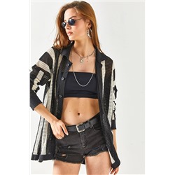 Olalook Kadın Siyah Taş Çizgili Oversize Pamuk Triko Gömlek GML-19001128