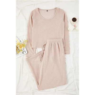Bej Yumoş Crop ve Wide Leg/Geniş Paça Örme Alt Üst Takım TBBAW26CP00005