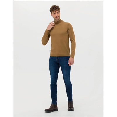 Camel Melanj Slim Fit Yarım Balıkçı Basic Triko Kazak
