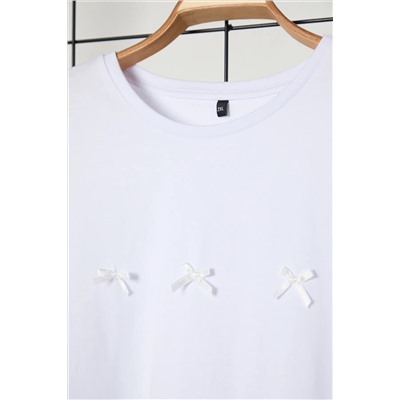 Beyaz Slim Fit Fiyonk Detaylı Crop Boy Büyük Beden Örme T-shirt TBBSS25BF00001