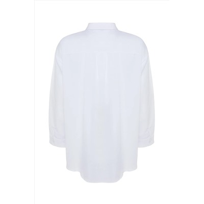 Beyaz Loose Fit Basic Pamuklu Uzun Kollu Dokuma Büyük Beden Gömlek TBBSS22GO0319