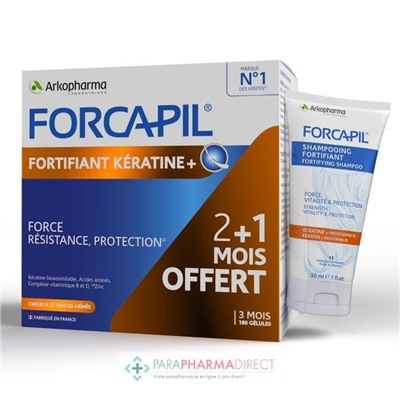 ArkoPharma Forcapil Fortifiant Kératine+ - Force, Résistance & Protection - Cheveux & Ongles Abîmés 180 gélules + 1 shampooing 30ml OFFERT