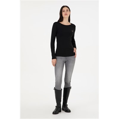 Kadın Siyah Bisiklet Yaka Sweatshirt