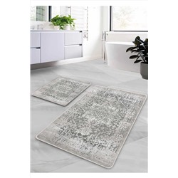Pilloveland Kaymaz Taban Yıkanabilir 2’li Banyo Paspası - Gri Farmhouse Desenli 60*100 Cm - 50*60 Cm BM0197