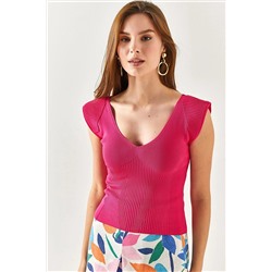 Olalook Kadın Fuşya Omuzu Vatka Efektli Crop Triko Bluz BLZ-19002347