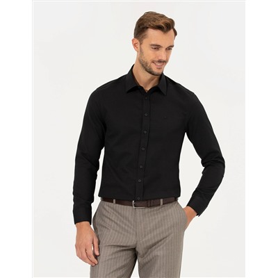 Siyah Slim Fit Armürlü Gömlek