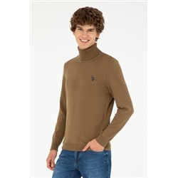 Erkek Slim Fit Boğazlı Yaka Haki Basic Kazak
