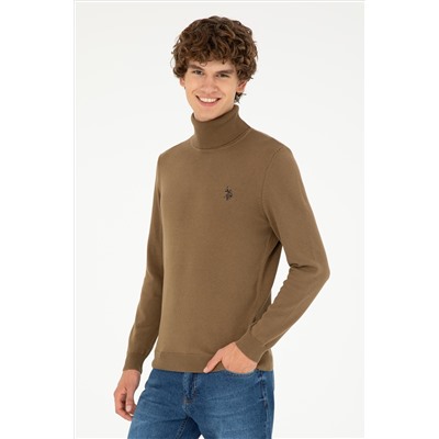 Erkek Slim Fit Boğazlı Yaka Haki Basic Kazak