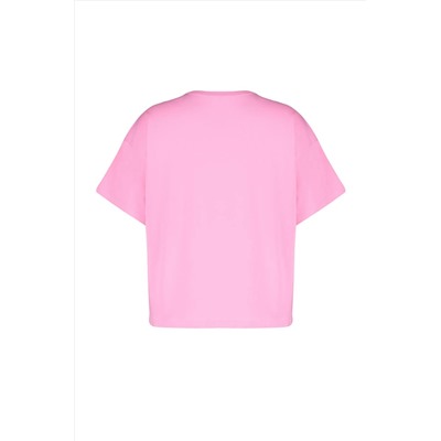 Pembe Baskılı Oversize %100 Pamuk Örme T-shirt TBBSS24BF00011