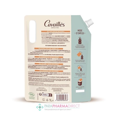 Cavaillès Gel Bain Douche - Macadamia - Peaux Sèches BIO 1 Litre - ECO-RECHARGE