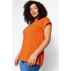Turuncu Boyfriend V Yaka Yırtmaçlı %100 Pamuk Örme T-Shirt TBBSS22BF0036