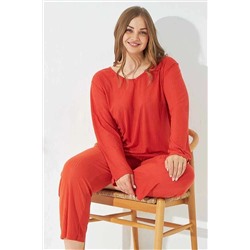 Siyah İnci Turuncu Soft Touch Ince Curve Büyük Beden Battal Boy Örme Pijama Takım 7663