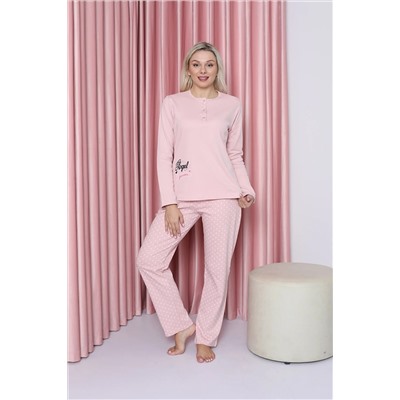 AHENGİM Woman Kadın Pijama Takımı Genç Interlok Puantiye Desenli Pamuklu Mevsimlik W20452252 1-2-10001193