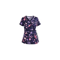 koi Scrubs Denim Splash Mock Wrap Print Top