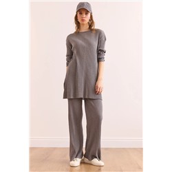 Olalook Kadın Antrasit Üst Yırtmaçlı Bluz Alt Palazzo Fitilli Takım TKM-19000180