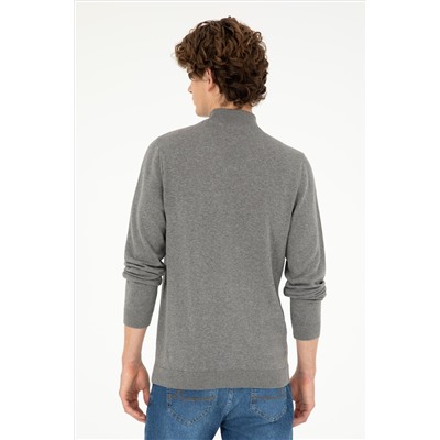 Erkek Slim Fit Yarım Boğazlı Gri Melanj Basic Kazak