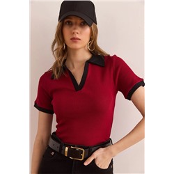 Olalook, Kadın Bordo Siyah Polo Yaka Renk Detaylı Esnek Pamuk Bluz BLZ-19002920