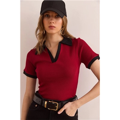 Olalook, Kadın Bordo Siyah Polo Yaka Renk Detaylı Esnek Pamuk Bluz BLZ-19002920