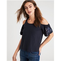 AE EMBROIDERED COLD SHOULDER T-SHIRT