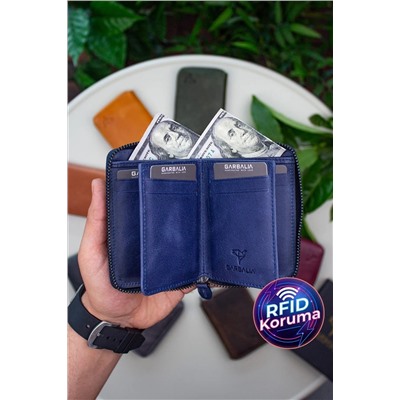 Garbalia, Fargo Vintage Deri Rfid Engelleyici Fermuarlı Lacivert Unisex Kartlık Cüzdan