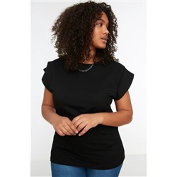 Siyah Bisiklet Yaka Kol Detaylı %100 Pamuk Örme T-Shirt TBBSS22BF0023