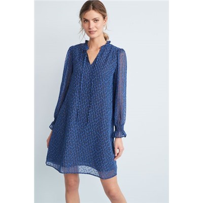 Blaues Schachbrett - Minikleid mit Rüschenausschnitt