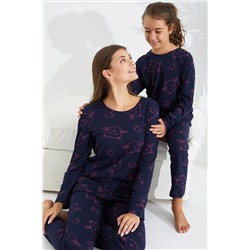 Siyah İnci lacivert kedi desenli Pamuklu Pijama Takımı 7694