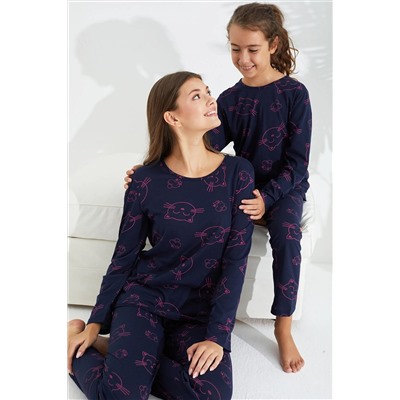 Siyah İnci lacivert kedi desenli Pamuklu Pijama Takımı 7694