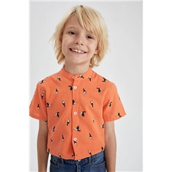 Defacto Erkek Çocuk Regular Fit Dik Yaka Keten Görünümlü Kısa Kollu Gömlek Z0977A622HS