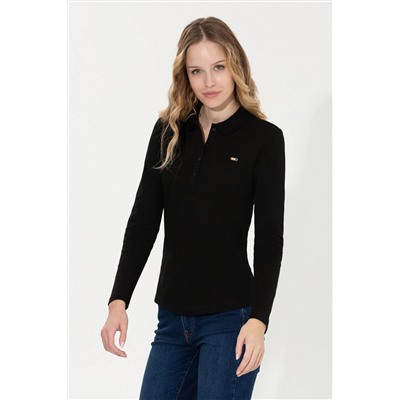 Kadın Siyah Basic Polo Yaka Sweatshirt