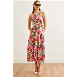 Olalook, Kadın Gül Pembe Halter Yaka Kuşaklı Dokuma Viscon Elbise ELB-19001548