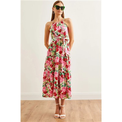 Olalook, Kadın Gül Pembe Halter Yaka Kuşaklı Dokuma Viscon Elbise ELB-19001548