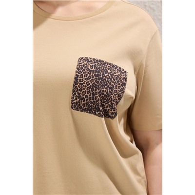 Bej  Oversize Animal Baskılı Cep etaylı %100 Pamuk Örme Büyük Beden T-shirt TBBSS24BF00059
