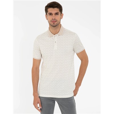 Bej Slim Fit Baskılı Polo Yaka Tişört