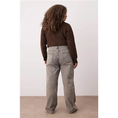 Gri Yüksek Bel Geniş Paça Denim Büyük Beden Jeans TBBSS24CJ00028