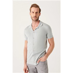 Avva Erkek Gri Küba Yaka Düğmeli Standart Fit Normal Kesim Triko T-shirt B005008