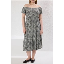 Siyah-Bej Çiçek Desenli A-line Maxi Boy Örme Büyük Beden Elbise TBBSS22AH00009