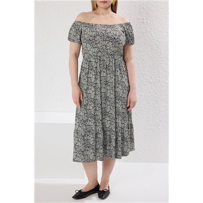 Siyah-Bej Çiçek Desenli A-line Maxi Boy Örme Büyük Beden Elbise TBBSS22AH00009
