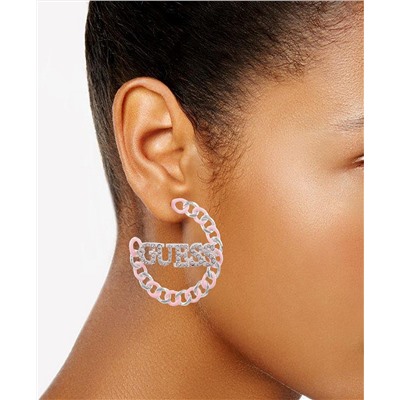 GUESS Silver-Tone Pink Logo Link Medium Hoop Earrings, 1.75"