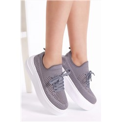 Tonny Black Kadın Gri Rahat Kalıp Yüksek Taban Bağcıklı Triko Sneaker TBHMTSRS065